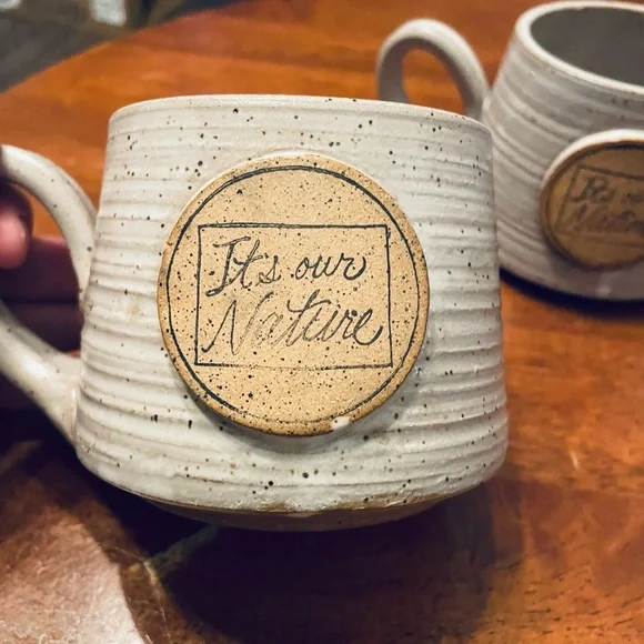 Set of 2 Stoneware Coffee Mug It's Our Nature Cream Speckled Ceramic Handmade - Picture 2 of 6